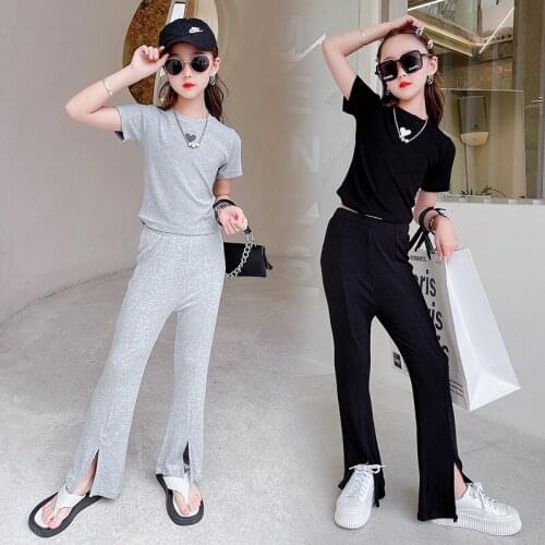 Children Sets 2021 Summer New Teen Girls Solid Color T shirt And Split Pants 2Pcs Outfits Baby Girl Fashion Suits For 8 10 12 14