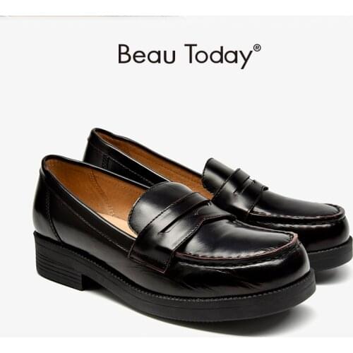 Moccasin Loafers Women Cow Leather Waxing Round Toe Slip-On JK Girls Uniform Platform Penny Shoes Handmade BeauToday 27732