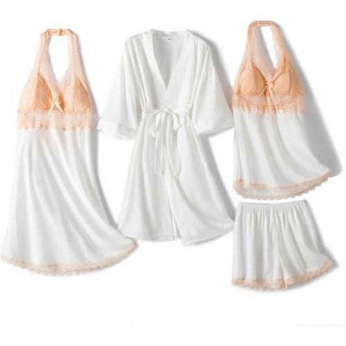 Nighties Gown Set Women 4PCS Nightshirts V-Neck Cami Pajamas Sleepwear Sleep Bathrobe Lady Wear Home Suit Nightgown Spring Robe