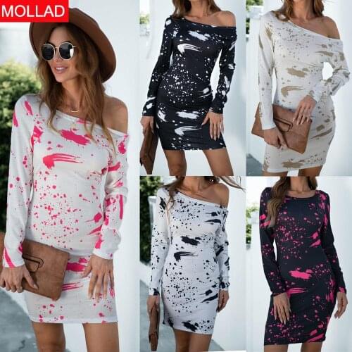 2021 Autumn and Winter Hot Sale Splashed Ink Printing off-the-Shoulder Slim-Fit Long-Sleeved Dress