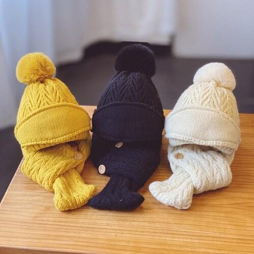 Autumn and winter fashion plus velvet thicken Hat Scarf Set Warm Baby Beanies with Fleece Lining Toddler Kids Hats with Pom pom