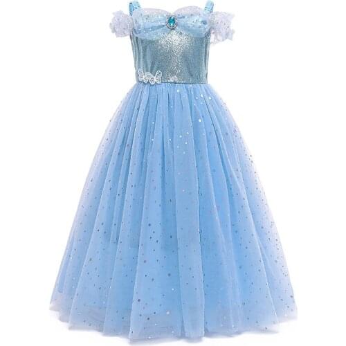 Dress for Girls Children Dresses Blue Long Mesh Child Sling Sleeveless Long Party Dress Princess Vestido Sequined Baby Costume