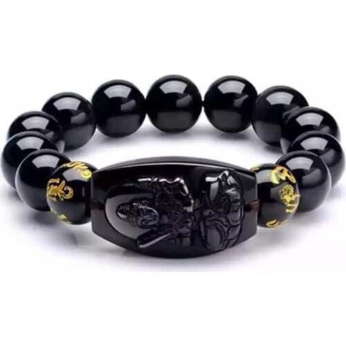 Handmade Weave Black Obsidian Stone Engraved Bodhisattva Elastic Bracelet Religious Style Jewelry