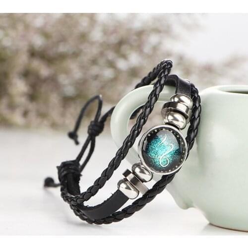 New 12 Constellation Zodiac Sign Black Braided Leather Bracelet Leo Taurus Gemini Woven Glass Dome Jewelry Men Women Bracelet