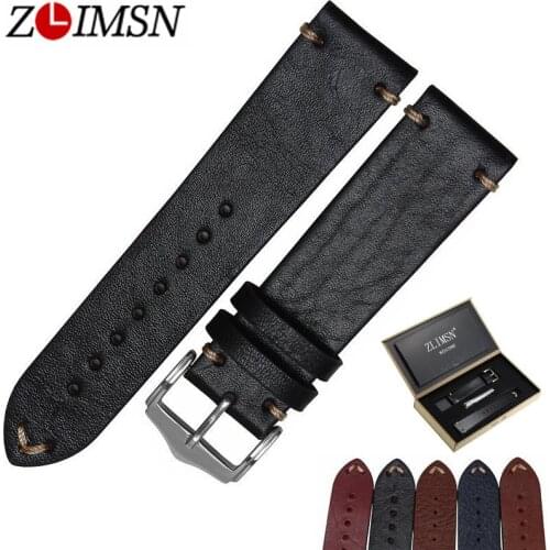 ZLIMSN New Retro Genuiue leather Watchbands Man 20mm 22mm Black Brown Red Blue Light Brown Wrist Belt Stainless steel Pin Buckle