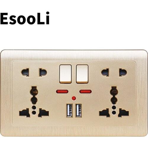 EsooLi Gold 2.1A Dual USB Charger Port LED indicator Wall Power Socket Double Universal 5 Hole Switched Outlet 146mm*86mm