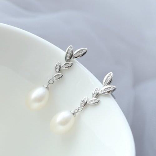 Handmade Creative Olive Leaf Earstud Trendy Natural Freshwater Pearl Women Tide Flow 925 Sterling Silver Earrings Jewelry Gift