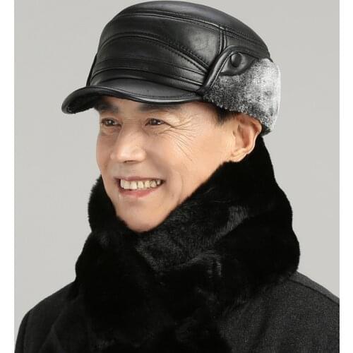 Old Man Hat Old Middle Age Men Winter Sheepskin Ear Protection Cap Dad Grandpa Genuine Leather Visor Hats Warm Scarf H7142