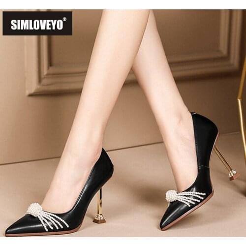 SIMLOVEYO Women New 2021 Pumps Pointed Toe 9cm High Heels Genuine Leather Pearl Elegent Big Size 43 Casual Date Black A3664