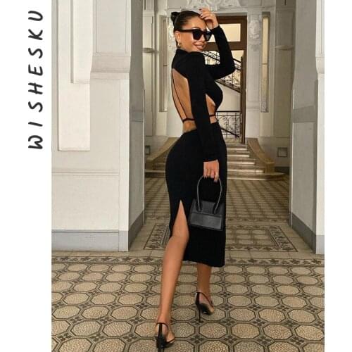 Sexy Women Backless Midi Dress Turtleneck Long Sleeve Elegant Slim Dresses 2021 Autumn Black Casual Basic Bodycon Robe