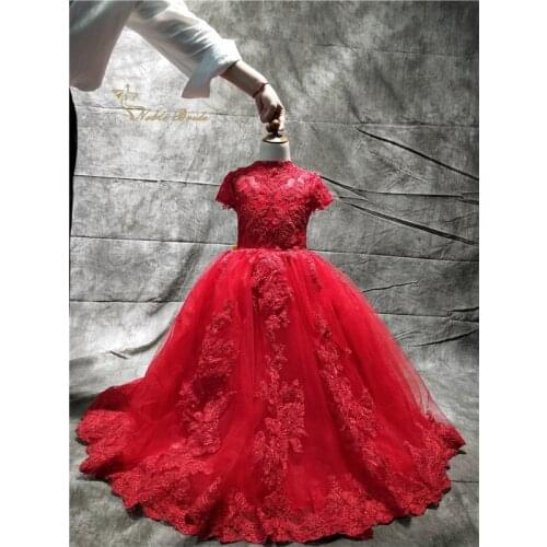 2019 Gorgeous Red Flower Girl Dresses For Wedding With Short Sleeve Lace Bow Back Little Girls Birthday Wear
