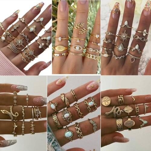 Vintage Rings for Women Bohemian Crystal Flower Knuckle Rings Set 2020 Bague Femme Boho Gold Silver Color Jewelry Accessories