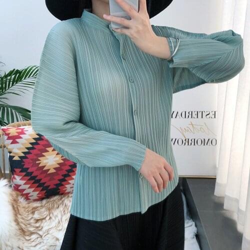 Spring Autumn Stand Collar Single-breasted Top Women Long Sleeve Solid Miyak Pleated Female Large Size Casual Slim T-shirt