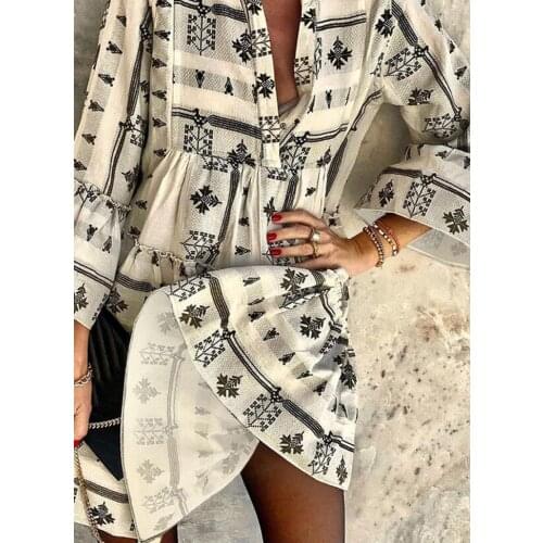 Women Summer Dress Geometric Print Long Sleeve Dress V neck Mini Dresses for Women Boho Loose Spring Sundress 2021
