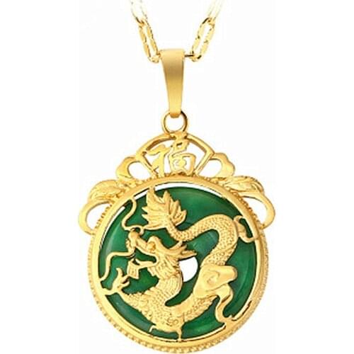 24K Gold Necklace Emerald Inlaid Dragon Pendant Jewellery Fashion Hand-Carved Relax Healing Man Women Luck Gifts Amulet