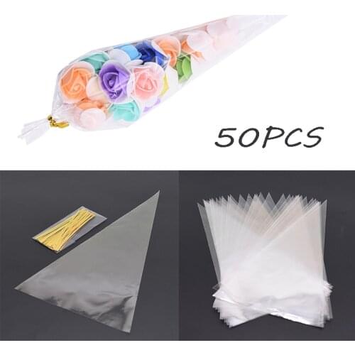 50pcs Clear Cellophane Candy Bags Cone Treat Bags with Twist Ties Thanksgiving Christmas Wedding Party Popcorn Packing Supplies