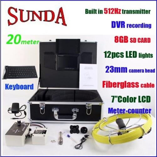 7"LCD monitor with pipe inspection camera 512hz transmitter,keyboard,dvr,meter counter snake video 20metercamera waterproof