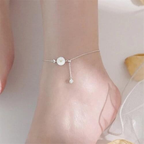 925 Sterling Silver Shell Daisy Anklet For Women Girls Adjustable Chain Boho Party Jewelry Bijoux Femme Sl026
