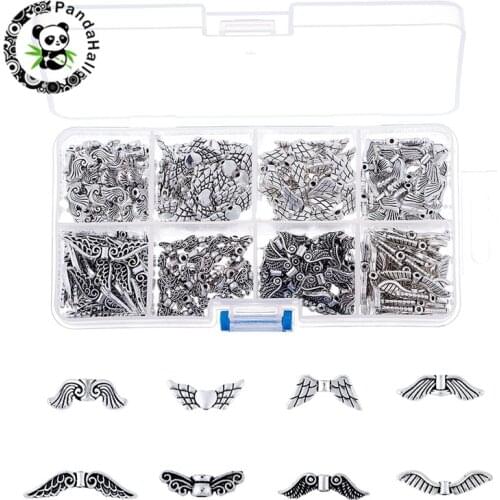 Pandahall 240pcs/Box Alloy Metal Angel Wing Beads Spacer for DIY Jewelry Making Antique Silver Color 4~12x14~30x3~4mm