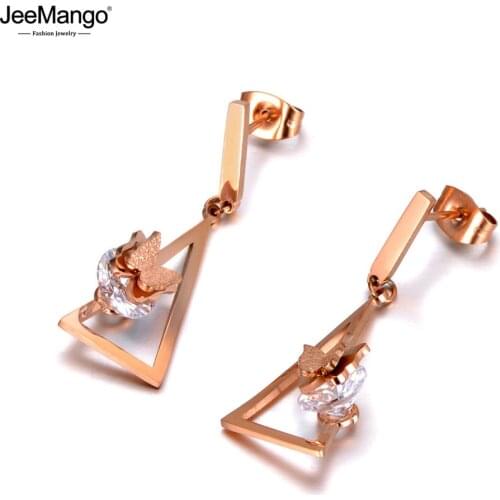 JeeMango Bohemia Titanium Stainless Steel CZ Crystal Butterfly Earrings Fashion Triangle Geometric Earrings For Women JE20013