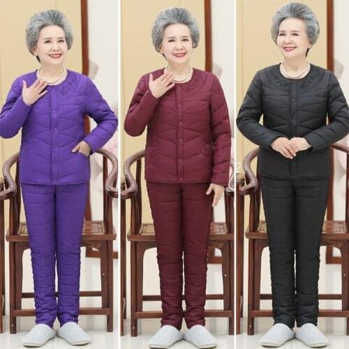 Two Pieces Suit Middle Aged Women Jackets Winter Parka Cotton Coat + Pants Suits Button Up Casual Tracksuits 2 Piece Sets X342