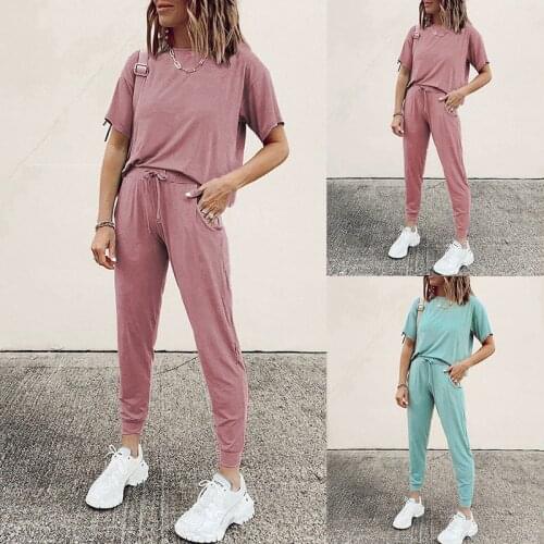 Summer Womens Tracksuit 2 Piece Set O-Neck Short Sleeve T-Shirt And pocket Pants Leisure Suit Female Casual Jogging Lady Suits