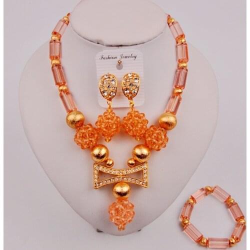 Pretty Peach African Beads Necklace Sets Nigerian Bead Jewelry Set for Women ZQ8-04