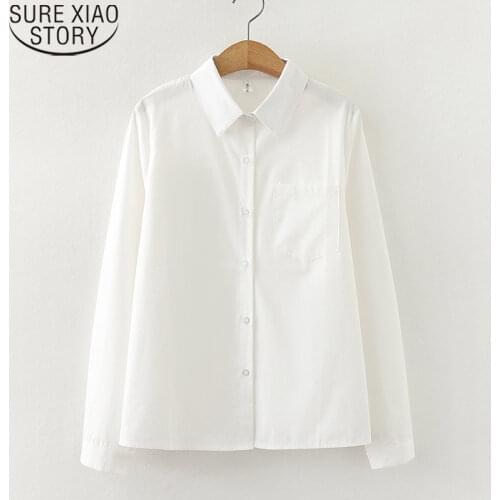 Office Ladies Blouse with Pocket Solid White Shirts Women Long Sleeve Bottoming Shirt Loose Turn-down Collar Button Blusas 12403