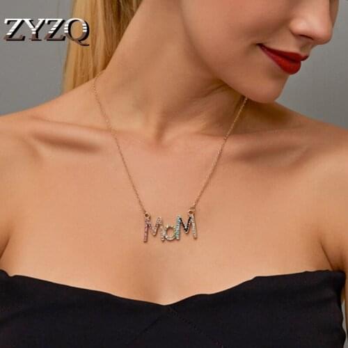ZYZQ Fashion Seven colors Letter MOM Heart Shape Inlaid Crystal Pendant Necklace Mothers Day Gift High Quality Jewelry