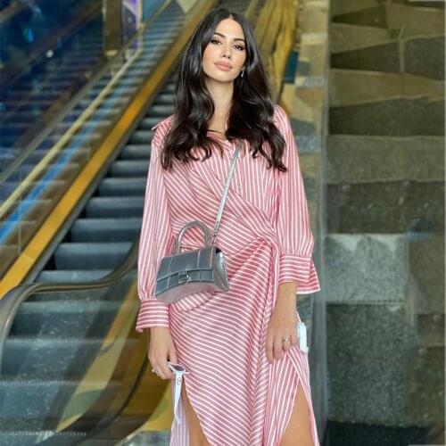 Foridol Long Sleeve Stripe Pink Shirt Dress Women Casual Fashion Oversized Slit Maxi Dress Spring Autumn Office Dress Vestidos
