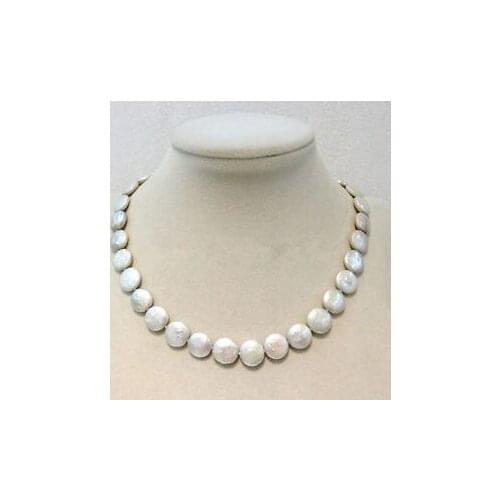 Freshwater pearl necklace Coin shape white12-13 mm 17INCH Metal clasp
