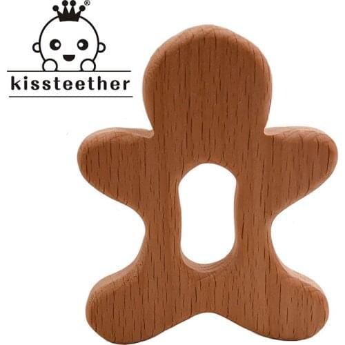 Kissteether Wooden Teether Beech Wood Cartoon Gingerbread Man Teething Toys Montessori Inspired Nursing Pendant Baby Teether