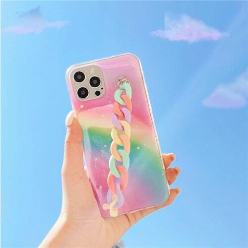 Rainbow glitter acrylic Wrist Chain silicone phone case For Samsung A91 A81 A11 A51 A71 A70 A50 A30 A11 A12 A42 A21S A20S Cover