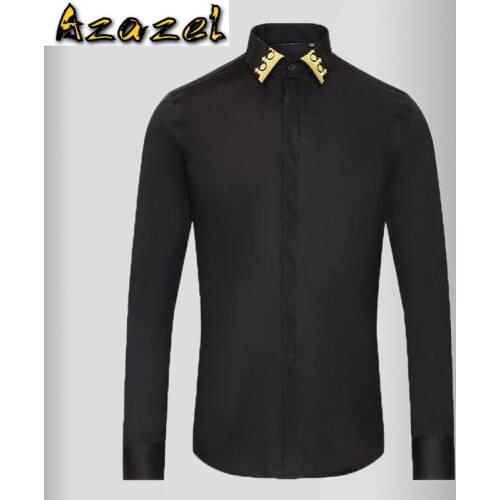 Azazel Black Royal Mens Shirts Luxury Gold Embroidery Long Sleeve Casual Mens Dress Shirts Slim Fit Male Shirts Plus Size 3XL