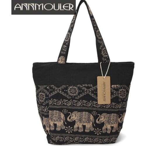 Annmouler Large Capacity Shoulder Bag Elephant Printed Women Tote Bags Canvas Patchwork Handbags Top Handle Cotton Totes