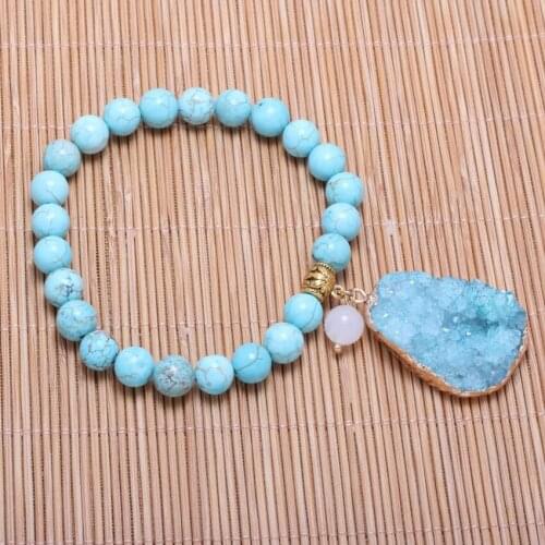 Light Yellow Gold Color Irregular Shape Crystal Dyed Connect Green Turquoises Stone Beads Elastic Bracelet Charm Jewelry