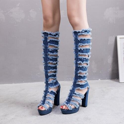 Ladies Sandals Female Gladiator Hole Cowboy Boots on Knee High Heels Platform Peep Toe Zipper Sexy Ladies Sandals Womens Shoes