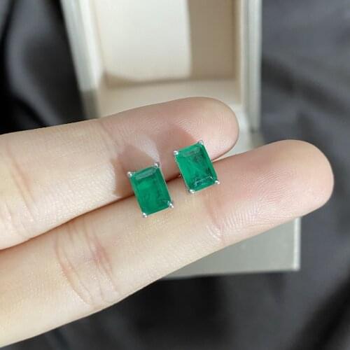 QTT Exquisite 925 Sterling Silver Earrings For women Rectangle Emerald Tourmaline Gemstone Stud Earrings Wedding Jewelry Gift