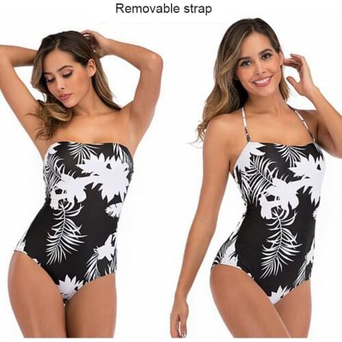 Womens Swimwear Bathing Suit Floral Tummy Control Bandeau Underwire Bra One Piece Swimsuits with Removable Halter Straps