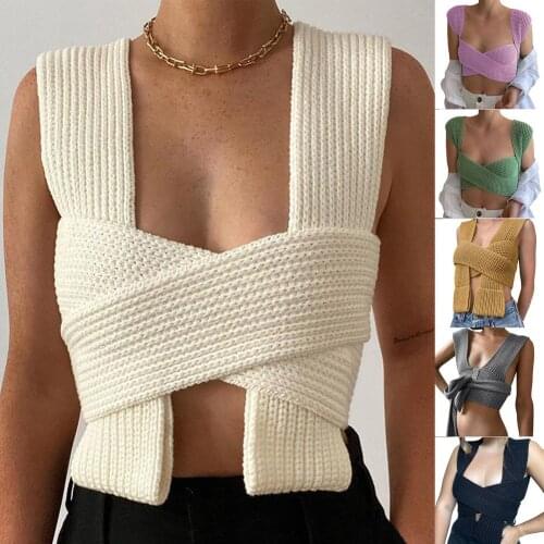 Women Sleeveless Knitted Crop Sweater Sexy Autumn Summer Fashion Vest Colorful Y2K Short Top 2021 Party Club Wear