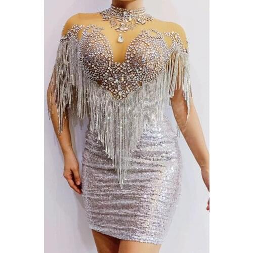 2020 New Design Shining Big Crystals Mesh Sexy Bodycon Sparkly Rhinestones Chains Fringes Dress Nightclub Party Wear