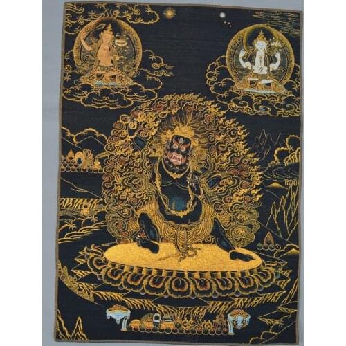 35" Silk Mahakala WenShu 4 Hands 4 arms Chenrezig Buddha Tangka Thangka Mural