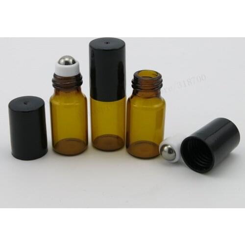 360 x 3ml Portable Empty amber glass roll on bottle with stainless steel roller ball 3cc roll-on bottle with plastic caps