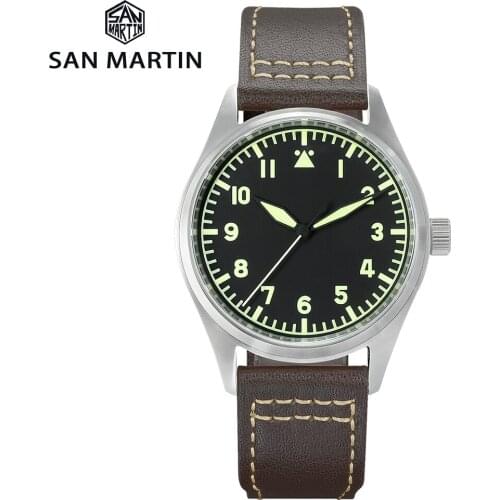 San Martin Pilot Military Watch Mens Watches Simple Style Mechanical Vintage Leather Strap 200m Waterproof Luminous