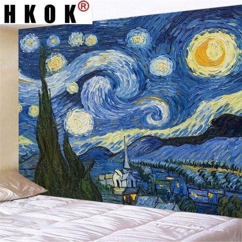 HKOK Van Gogh Painting Background Wall Hanging Tapestry Sofa Wall Art Painting Tapestry Modern For Home Decor Living Room Tapiz