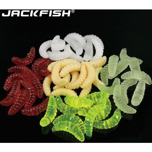 JACKFISH 50PCS/lot 2cm 0.3g maggot Grub Soft Fishing Lure hooks smell Worms Glow Shrimps Fish Lures