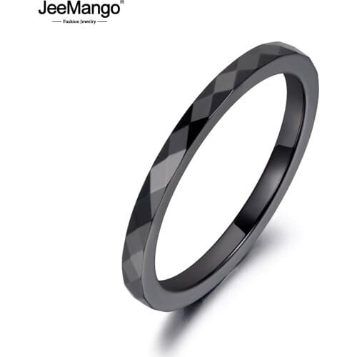 JeeMango Trendy 2mm Black & White Cutting Ceramics Rings Jewelry Wedding Engagement Rings For Women Anneaux Anillos JR19051