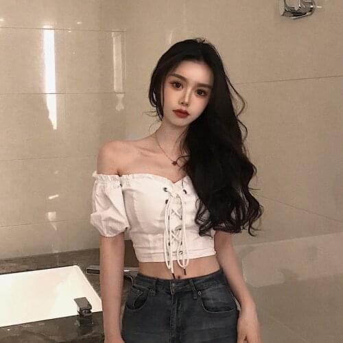 Korean Chic Style Womens Clothing Blouses Sexy Puff Sleeve Shirts Off Shoulder Crop Top Female Bandages Tops Vetement Femme New