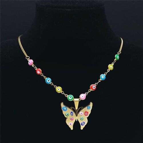 Stainless Steel Islam Colorful Turkey Eye Butterfly Pendant Necklace Women Gold Color Muslim Chain Necklaces Jewelry N5223S04