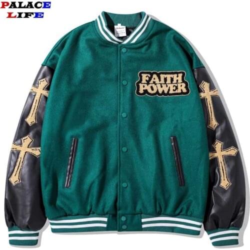 Hip Hop Streetwear Varsity Jacket Men Cross Towel Flocking Embroidery Patchwork Bomber Jacket Couple Harajuku Baseball Coat